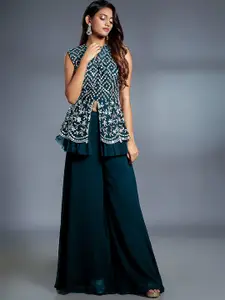 SANCIA Notch-Neck Mirror Work Embroidered Georgette Peplum Top With Palazzo