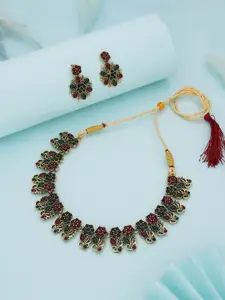 Anouk Gold-Plated Artificial Stones Studded And Beaded Studded Necklace And Earrings