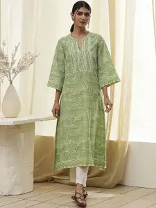Biba Geometric Printed Mnadarian Collar Pure Cotton A-Line Kurta