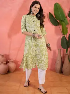 Sangria Floral Printed Mandarin Collar Pure Cotton Straight Kurta