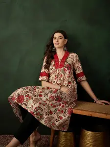Sangria Floral Printed Pleated V-Neck Pure Cotton A-Line Kurta