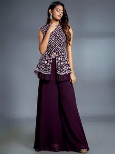 SANCIA Notch-Neck Mirror Work Embroidered Georgette Peplum Top With Palazzo