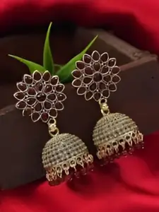 JMBW INTERNATIONAL Gold Plated Artificial Stones Studded and Beaded Dome Shaped Jhumkas