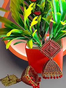 JMBW INTERNATIONAL Set Of 2 Gold-Plated Artificial Stones And Beaded Dome Shaped Jhumkas