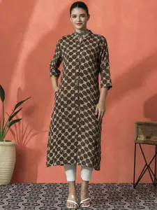Sangria Geometric Printed Mandarin Collar Three-Quarter Sleeves A-Line Kurta