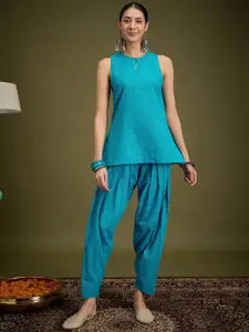 Sangria Geometric Printed Thread Work Key Hole Neck Pure Cotton Top & Trousers