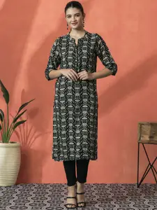 Sangria Floral Printed Mandarin Collar Three-Quarter Sleeves Straight Kurta