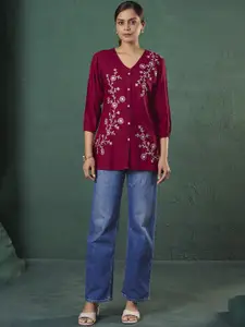 Anouk Floral Embroidered V-Neck Liva Straight Short Kurti