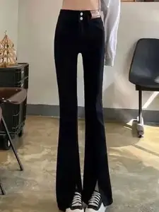 StyleCast Women Solid Black High-Rise Bootcut Slits Detail Jeans