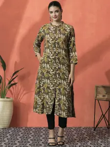 Sangria Floral Printed Mandarin Collar Three-Quarter Sleeves Panelled A-Line Kurta