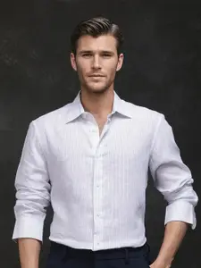 RARE RABBIT Men Comfort Regular Fit Vertical Striped Linen Formal Shirt