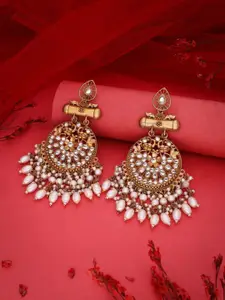 Lyriss Gold Plated Artificial Stone Studded & Beaded Crescent Shaped Chandbalis