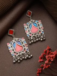 Sangria German Silver Plated Enamelled Square Shaped Oxidised Drop Earrings
