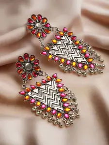 Sangria German Silver Plated Stones Studded & Ghugroo Floral Shaped Oxidised Drop Earrings