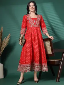 Sangria Chevron Woven-Design Square Neck Embroidered Fit And Flare Ethnic Dress