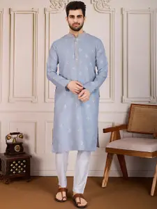 House of Pataudi Pushpa Geometric Embroidered Mandarin Collar Pure Cotton Straight Kurta