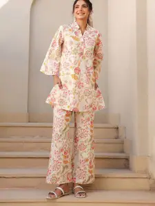 JISORA Floral Printed Pure Cotton Top & Trouser Co-ord Set