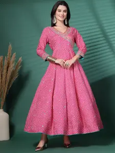 Sangria Floral Printed V-Neck Embroidered Fit And Flare Ethnic Dress