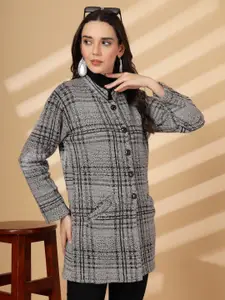 all about you Women Checked Mandarin Collar Woollen Longline Cardigan Sweaters