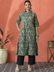 Sangria Floral Printed Mandarin Collar Three-Quarter Sleeves Panelled A-Line Kurta