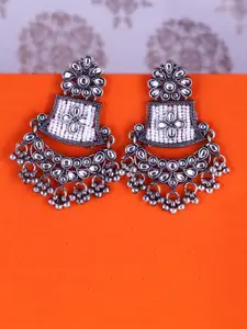 MEENAZ Silver-Plated Oxidised Stone Studded & Beaded Contemporary Shaped Drop Earrings