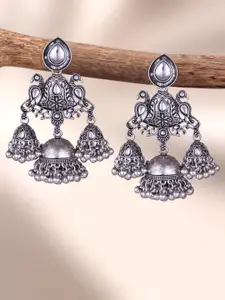 MEENAZ Silver-Plated Oxidised Artificial Stones Studded Dome Shaped Jhumkas