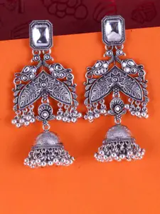 MEENAZ Silver-Plated Oxidised Stone Studded Dome Shaped Jhumkas