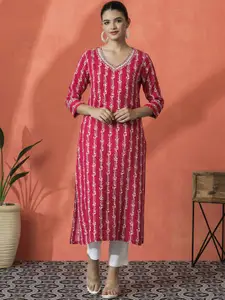 Sangria Floral Printed V-Neck Mirror Work Straight Kurta