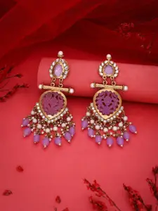 Lyriss Gold Plated Artificial Stones Studded and Beaded Contemporary Shaped Drop Earrings