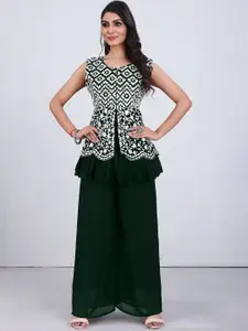 SANCIA Notch-Neck Mirror Work Embroidered Georgette Peplum Top With Palazzo