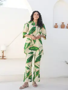 JISORA Printed Pure Cotton Mandarin Collar Neck Top With Trouser Co-Ords