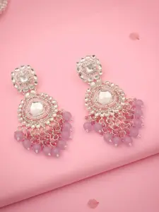 Lyriss Gold Plated Artificial Stones Studded and Beaded Contemporary Shaped Drop Earrings