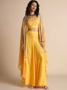 Global Desi Floral Printed Shoulder Straps Top With Palazzos & Shrug