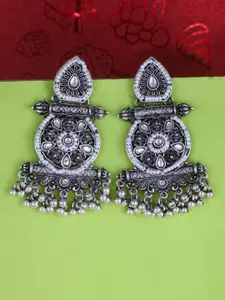 MEENAZ Silver-Plated Oxidised Stone Studded & Beaded Contemporary Shaped Drop Earrings