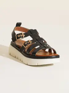 Peach Flores Embellished Leather Wedge Gladiators with Buckles