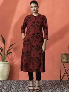 Sangria Floral Printed Mandarin Collar Three-Quarter Sleeves Panelled A-Line Kurta