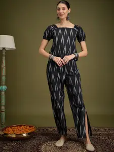 Sangria Abstract Printed Pure Cotton Square Neck Top & Trousers
