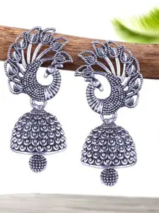 DIVASTRI Set Of 5 Silver-Plated Peacock Shaped Oxidised Jhumkas