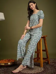 Sangria Ikat Printed Square Neck Puff Sleeves Top & Trousers