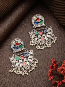 Sangria German Silver Plated Stones Studded & Beaded Crescent Shaped Oxidised Chandbalis