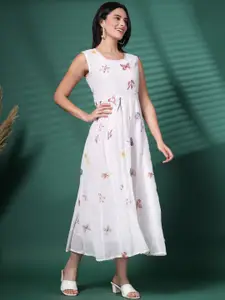 Sangria Floral Printed Round Neck Georgette Fit And Flare Ethnic Dress