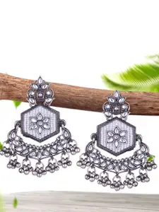 MEENAZ Silver-Plated Oxidised Stone Studded & Beaded Contemporary Shaped Drop Earrings