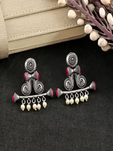 Sangria Silver Plated Stones Studded & Pearls Beaded Peacock Classic Shaped Drop Earrings