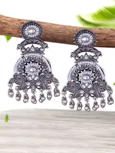 MEENAZ Silver-Plated Oxidised Stone Studded & Beaded Contemporary Shaped Drop Earrings