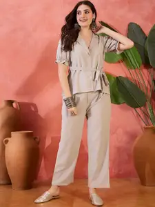 Sangria Self Designed lapel Collar Short Sleeves Top & Trouser