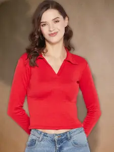 all about you Women Ribbed Shirt Collar Fitted Crop Top