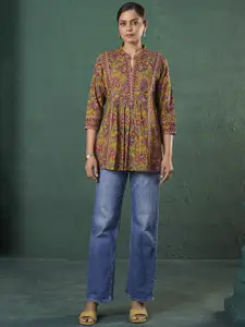 Anouk Floral Printed Pleated Mandarin Collar Pure Cotton A-Line Kurti