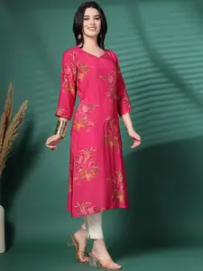 Sangria Floral Printed Sweetheart Neck Sequinned Straight Kurta