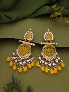 Lyriss Gold Plated Artificial Stones Studded and Beaded Contemporary Shaped Drop Earrings