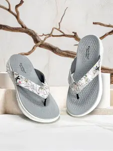 KazarMax Women White Grey Floral Print Thong Slippers Flip Flops